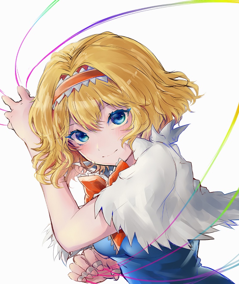 1girl alice_margatroid bangs blonde_hair blue_dress blue_eyes blush bow bowtie breasts capelet colored_eyelashes commentary_request dress eyebrows_visible_through_hair hair_between_eyes hair_intakes hairband hand_up lolita_hairband looking_at_viewer medium_breasts orange_bow orange_hairband orange_neckwear puppet_rings puppet_strings short_hair simple_background smile solo touhou upper_body white_background white_capelet yuma_(yuuma_pants)