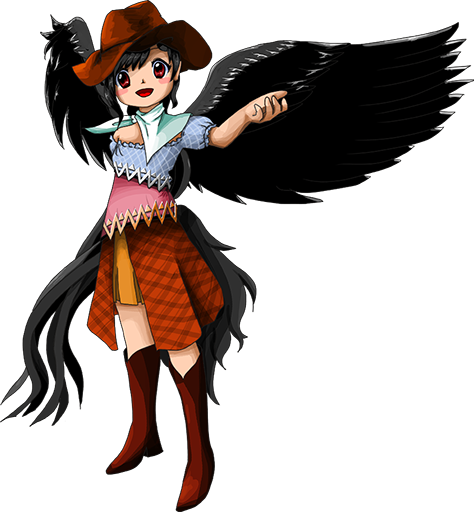 1girl bare_shoulders black_hair black_wings boots brown_eyes cowboy_boots cowboy_hat dress feathered_wings flannel hat kurokoma_saki medium_hair official_art oota_jun'ya open_hand scarf smile solo tagme tail_feathers touhou transparent_background wily_beast_and_weakest_creature wings