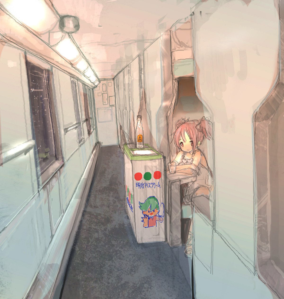 1girl 86thunder bottle dress frills glass hallway highres interior kaname_madoka looking_at_viewer mahou_shoujo_madoka_magica pink_eyes pink_hair sandals sitting smile solo twintails