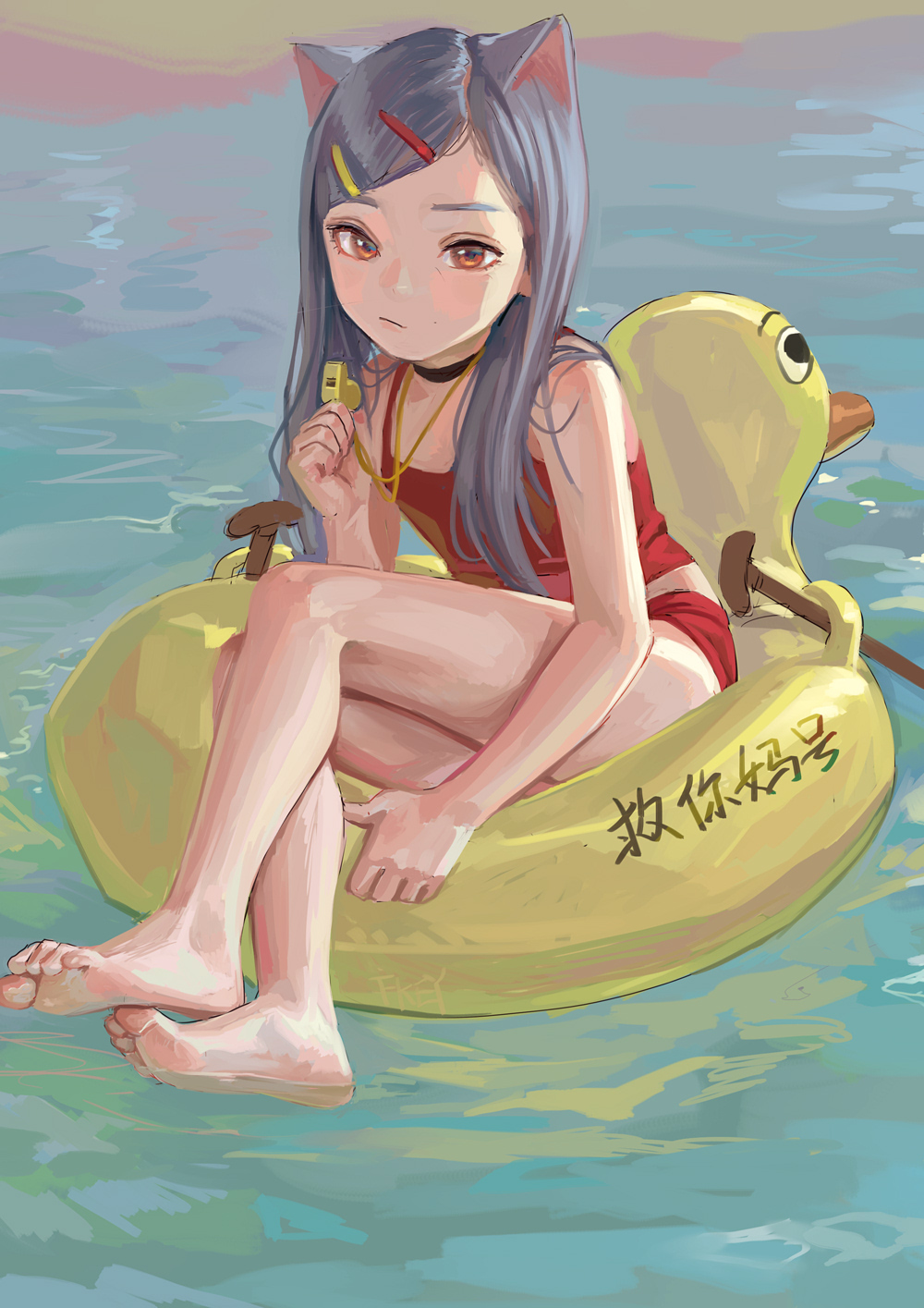 1girl animal_ears bangs barefoot brown_eyes cat_ears choker fkey floating grey_hair hair_ornament hairclip highres innertube long_hair looking_at_viewer original parted_bangs shorts solo tank_top water whistle