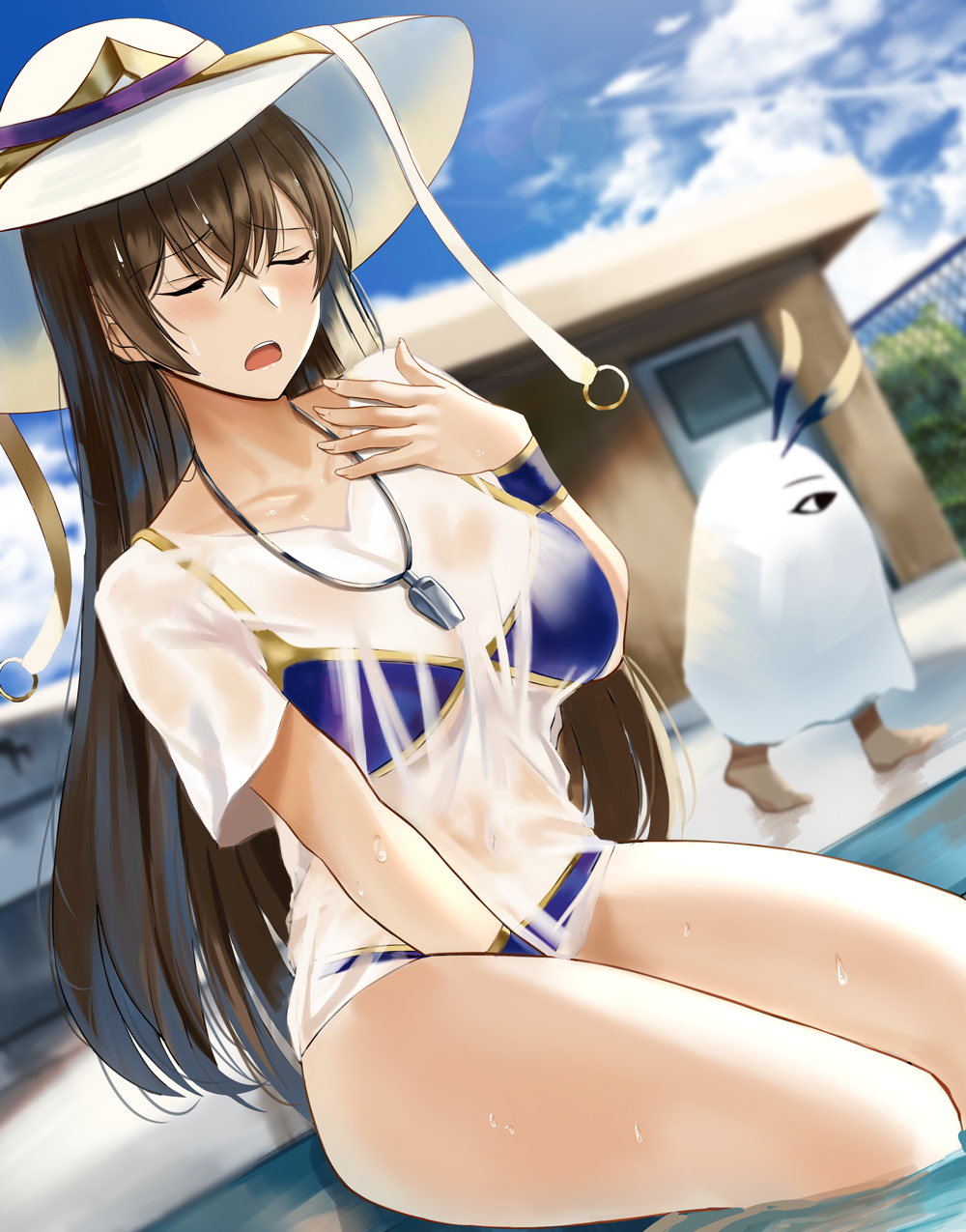 1girl animal_ears bangs bikini blue_sky blush breasts brown_hair closed_eyes collarbone fanning_face fate/grand_order fate_(series) hair_between_eyes hat highres jackal_ears large_breasts long_hair medjed nikek96 open_mouth pool purple_bikini shirt sitting sky sun_hat sunlight swimsuit thighs wet wet_clothes wet_shirt whistle whistle_around_neck xuanzang_(fate/grand_order)