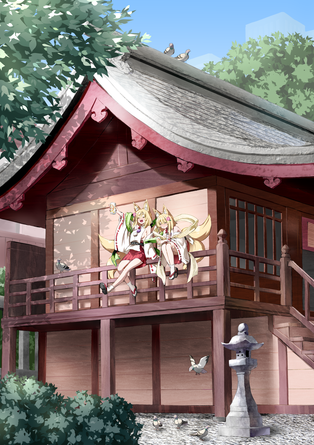 2girls :d =_= animal animal_ears architecture arm_up bare_legs bare_shoulders beer_can bird blonde_hair blush breasts building bush can closed_eyes closed_mouth day detached_sleeves drunk east_asian_architecture flower foot_dangle fox_ears fox_girl fox_tail hair_flower hair_ornament hakama_skirt highres holding holding_can japanese_clothes kitsune legs_together long_sleeves medium_breasts multiple_girls multiple_tails nontraditional_miko nose_blush on_railing open_mouth original outdoors outstretched_arm pigeon pom_pom_(clothes) railing ramuya_(lamb) ribbon-trimmed_sleeves ribbon_trim shawl short_hair side-by-side sideboob sitting smile socks stone_lantern sunlight tail two_tails veranda white_legwear wide_shot wide_sleeves zouri