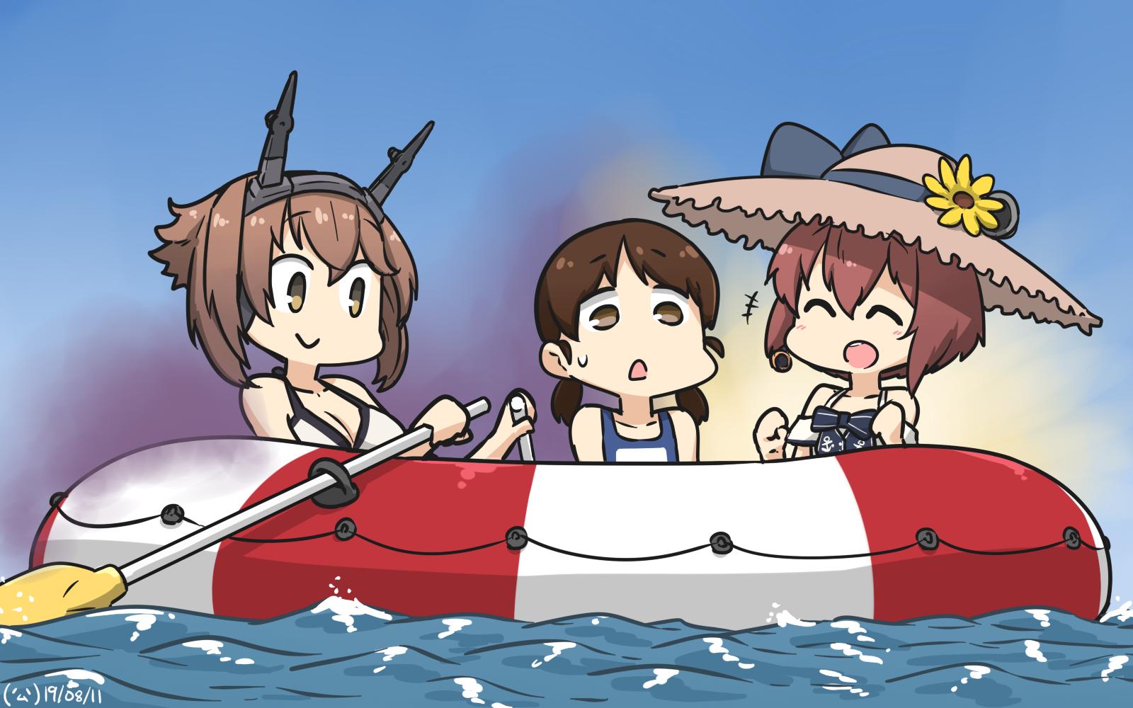 3girls bikini blue_sky blue_swimsuit breasts brown_hair closed_eyes clouds commentary_request dated day dress green_eyes hairband hamu_koutarou hat headgear highres inflatable_raft kantai_collection large_breasts low_twintails multiple_girls mutsu_(kantai_collection) name_tag oar open_mouth outdoors radio_antenna round_teeth school_swimsuit shirayuki_(kantai_collection) short_hair short_twintails sky straw_hat sun_hat sundress swimsuit teeth twintails upper_teeth water white_bikini white_dress yukikaze_(kantai_collection)