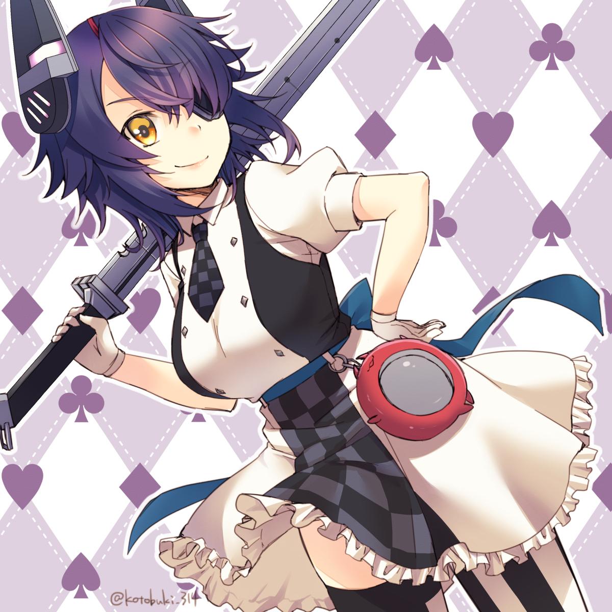 1girl adapted_costume breasts checkered checkered_apron checkered_background checkered_neckwear club_(shape) commentary_request compass contrapposto cosplay cowboy_shot diamond_(shape) dress dutch_angle enemy_lifebuoy_(kantai_collection) eyepatch frilled_dress frills headgear heart highres kantai_collection kotobuki_(momoko_factory) large_breasts looking_at_viewer michishio_(kantai_collection) michishio_(kantai_collection)_(cosplay) necktie purple_hair shinkaisei-kan short_hair solo spade_(shape) standing striped striped_legwear sword tenryuu_(kantai_collection) thigh-highs twitter_username two-tone_dress weapon white_dress yellow_eyes