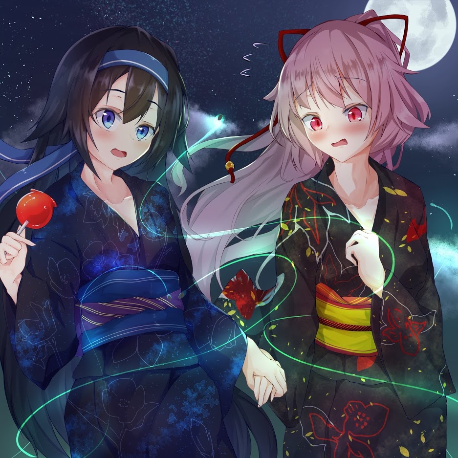 2girls artist_request black_hair blue_eyes blush bug candy_apple commentary_request firefly food full_moon girls_frontline hair_ribbon headband holding_hands insect japanese_clothes kimono moon multiple_girls night night_sky ntw-20_(girls_frontline) pink_hair red_eyes ribbon sky star_(sky) starry_sky super_sass_(girls_frontline) yukata