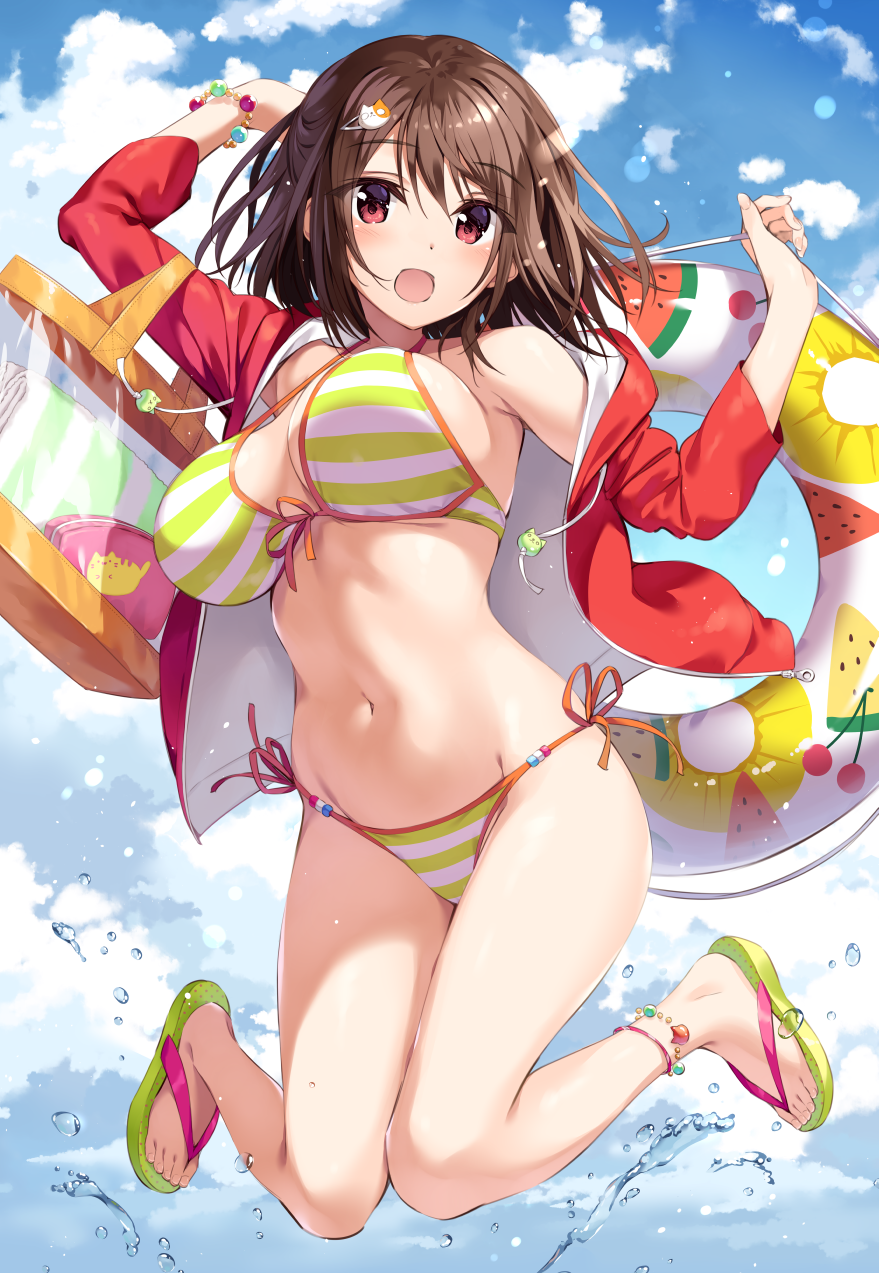 1girl :d aibeya anklet arm_up bag bangs bare_shoulders bikini blue_sky bracelet breasts brown_hair clouds day eyebrows_visible_through_hair front-tie_bikini front-tie_top groin hair_ornament hairclip halter_top halterneck hand_up hayami_aki highres holding holding_innertube innertube jacket jewelry jumping large_breasts midair navel off_shoulder open_clothes open_jacket open_mouth oryou outdoors red_eyes red_jacket sandals short_hair shoulder_bag side-tie_bikini sidelocks sky smile solo stomach strap_gap striped striped_bikini swimsuit thighs water_drop