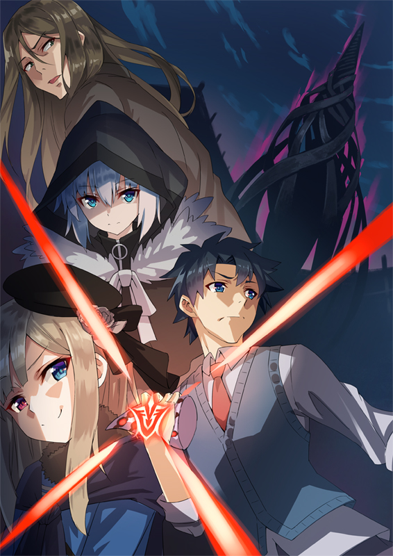 2boys 2girls black_hair black_headwear black_jacket blonde_hair blue_eyes blue_jacket brown_hair commentary_request dark eyebrows_visible_through_hair fate/grand_order fate_(series) flower fujimaru_ritsuka_(male) fur_collar fur_trim gia_kon gray_(lord_el-melloi_ii) grey_hair hair_between_eyes hair_flower hair_ornament hat holding hood hood_up hooded_jacket horn jacket long_hair long_sleeves looking looking_at_viewer lord_el-melloi_ii multiple_boys multiple_girls necktie orange_neckwear reines_el-melloi_archisorte short_hair smile waver_velvet