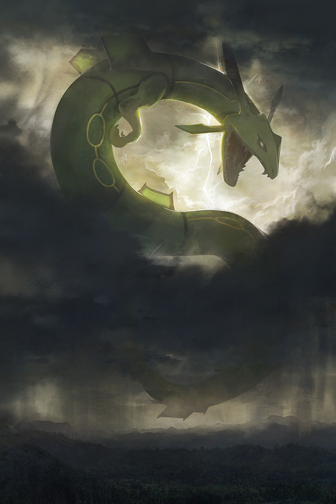 clouds devin_elle_kurtz dragon gen_3_pokemon kaijuu lightning no_humans pokemon pokemon_(creature) pokemon_(game) pokemon_rse rayquaza titan