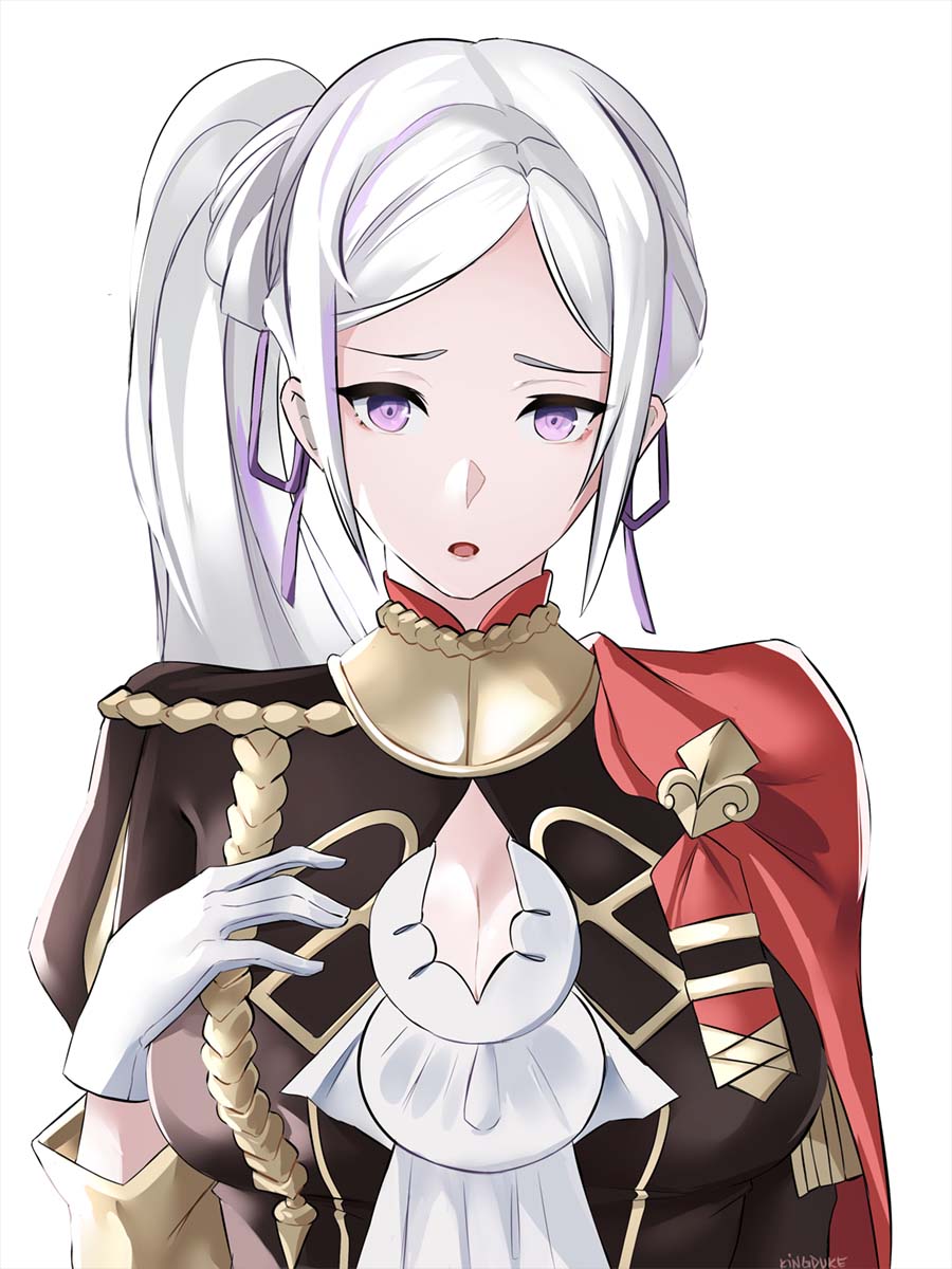 1girl blush edelgard_von_hresvelg embarrassed european_clothes fire_emblem fire_emblem:_three_houses gloves highres ponytail purple_hair violet_eyes white_background white_hair