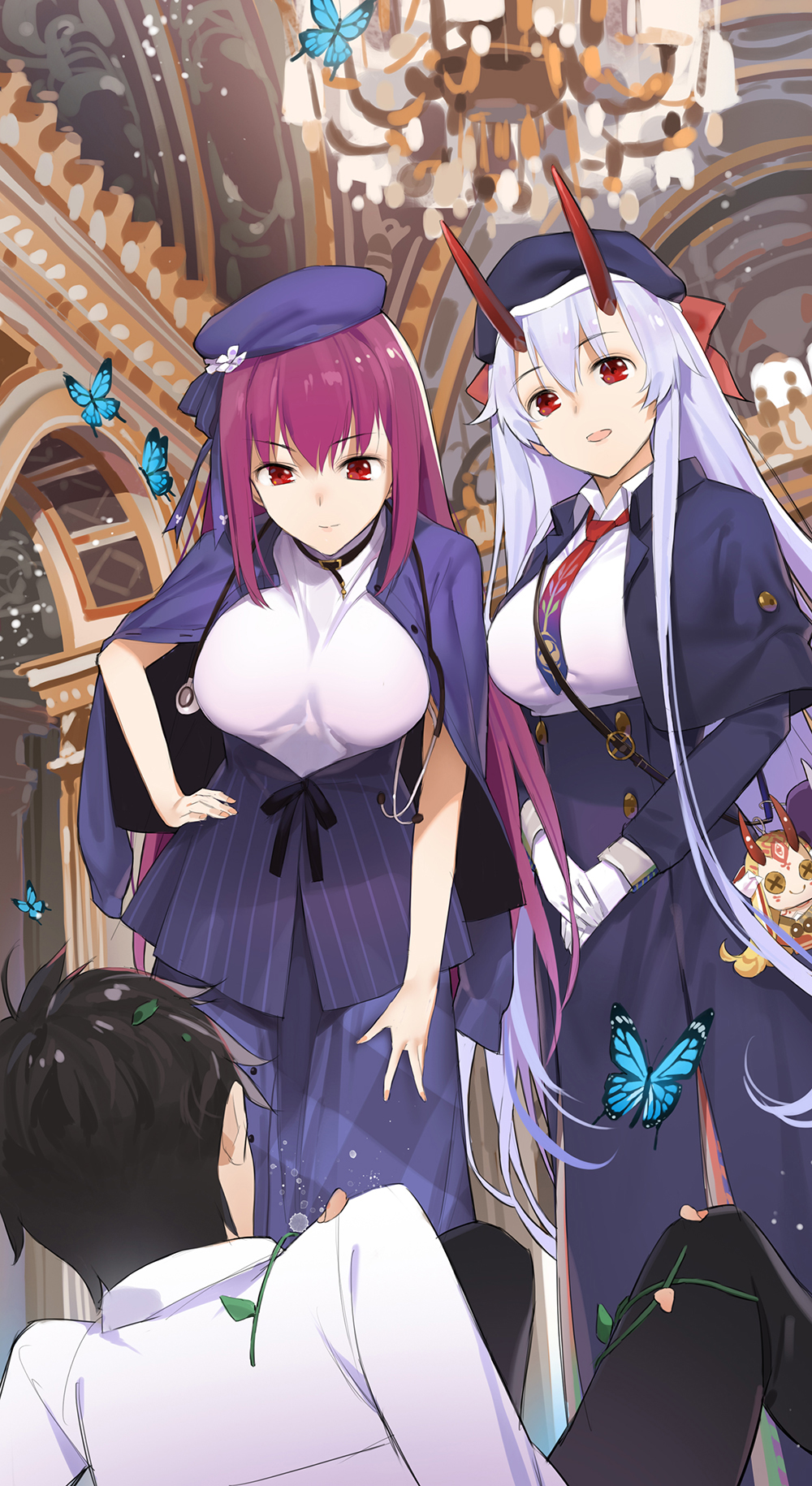1boy 2girls bangs bent_over black_hair blonde_hair breasts bug butterfly chaldea_uniform character_doll dress facial_mark fang fang_out fate/grand_order fate_(series) forehead forehead_mark fujimaru_ritsuka_(male) hair_between_eyes hand_on_hip headpiece heroic_spirit_festival_outfit highres horns ibaraki_douji_(fate/grand_order) indoors insect japanese_clothes kimono large_breasts multiple_girls neee-t oni oni_horns pointy_ears purple_dress purple_hair red_eyes scathach_(fate)_(all) scathach_skadi_(fate/grand_order) shawl smile stethoscope stuffed_toy tattoo tomoe_gozen_(fate/grand_order) yellow_eyes yellow_kimono