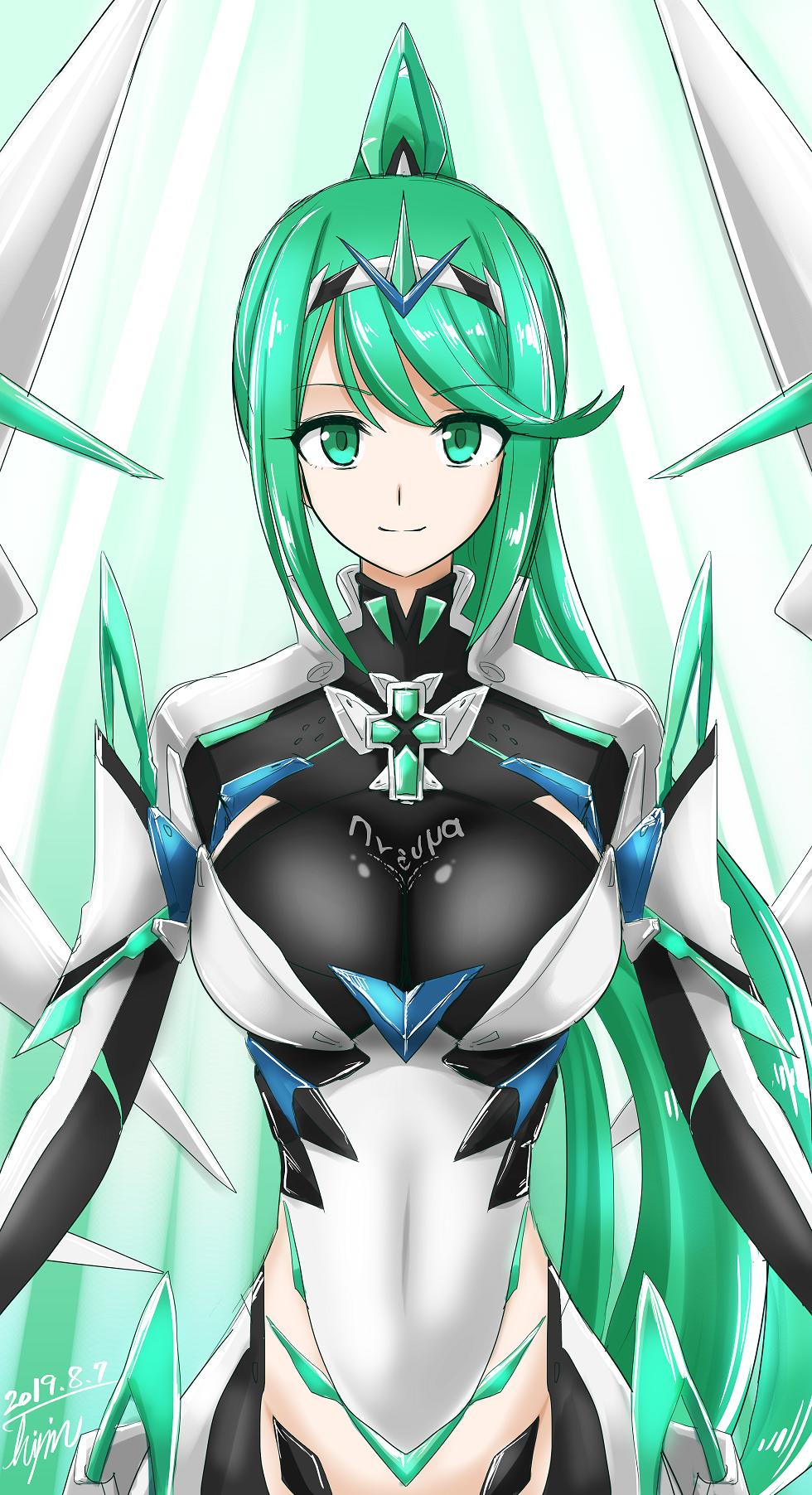 1girl armor bangs blush breasts earrings elbow_gloves gem gloves green_eyes green_hair hair_ornament headpiece highres hisin jewelry large_breasts long_hair looking_at_viewer mechanical_wings pneuma_(xenoblade) ponytail pose shoulder_armor simple_background smile solo spoilers swept_bangs thigh_strap tiara very_long_hair white_background wings xenoblade_(series) xenoblade_2