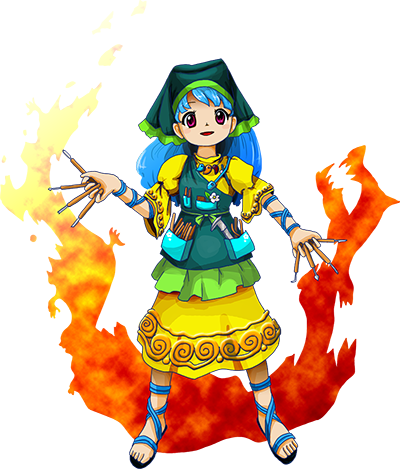 1girl apron art_supplies blue_hair dress fire haniyasushin_keiki headdress holding jewelry long_hair lowres magatama_necklace necklace official_art oota_jun'ya paintbrush red_eyes sandals smile solo tagme tools touhou transparent_background wily_beast_and_weakest_creature yellow_dress