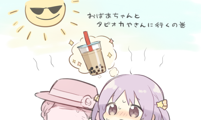 2girls blush boyano brown_eyes bubble_tea chibi closed_mouth cup disposable_cup drinking_straw hair_ornament hat magia_record:_mahou_shoujo_madoka_magica_gaiden mahou_shoujo_madoka_magica misono_karin multiple_girls nose_blush pink_headwear purple_hair smile sparkle star star_hair_ornament sun sunglasses sweat translated two_side_up