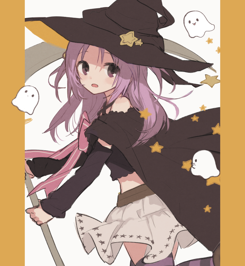 1girl bangs bare_shoulders black_cape black_headwear black_shirt black_sleeves blush bow boyano cape crop_top detached_sleeves eyebrows_visible_through_hair ghost grey_skirt hat holding long_hair long_sleeves looking_at_viewer looking_to_the_side magia_record:_mahou_shoujo_madoka_magica_gaiden mahou_shoujo_madoka_magica midriff misono_karin open_mouth parted_bangs pink_bow print_skirt purple_hair red_eyes shirt skirt solo standing standing_on_one_leg star star_print striped striped_legwear thigh-highs two_side_up witch_hat