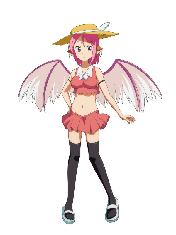1girl alternate_costume arm_strap bare_arms bare_shoulders black_legwear breasts cato_(monocatienus) commentary_request crop_top eyebrows_visible_through_hair feathers flip-flops groin hat hat_feather head_wings looking_at_viewer medium_breasts midriff miniskirt mystia_lorelei navel pink_eyes pink_hair pink_shirt pink_skirt pleated_skirt sandals shirt short_hair sidelocks simple_background skirt sleeveless sleeveless_shirt smile solo stomach sun_hat thigh-highs thighs touhou white_background white_footwear wings zettai_ryouiki