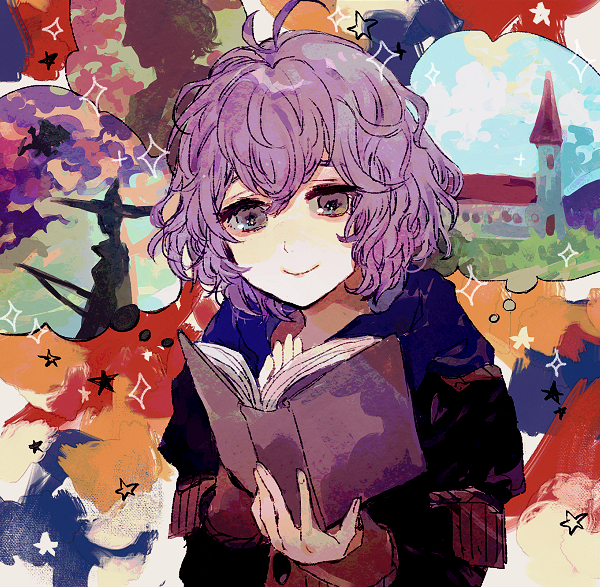 1girl bernadetta_von_varley book brown_eyes church european_clothes fire_emblem fire_emblem:_three_houses holding holding_book purple_hair reading shourou_kanna smile solo traditional_media tree watercolor_(medium) wavy_hair