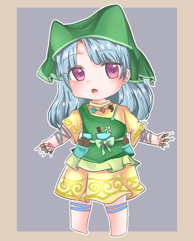 1girl barefoot blue_hair chibi dress haniyasushin_keiki open_mouth short_sleeves solo takochan7000 tools touhou violet_eyes