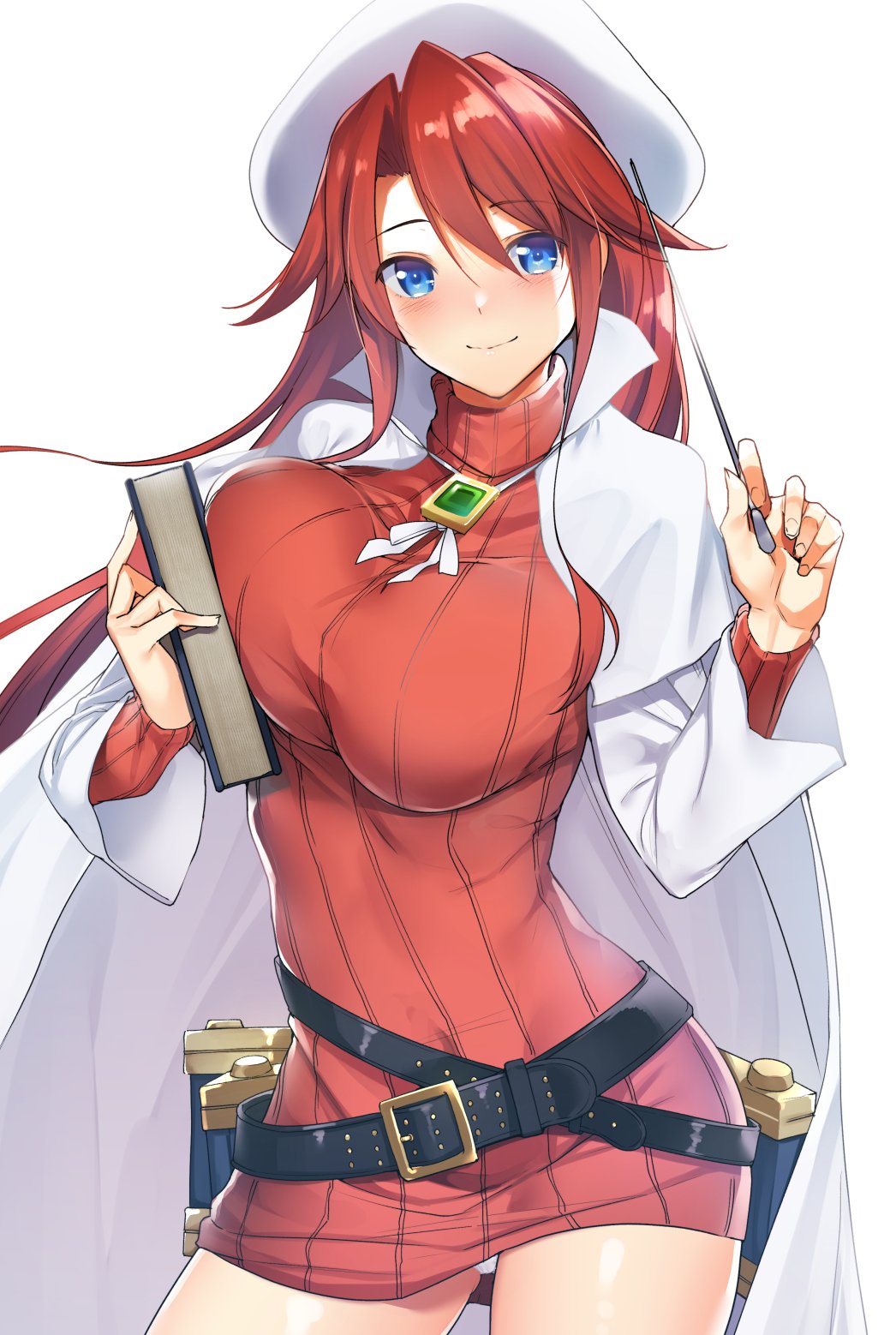 1girl aty_(summon_night) bangs belt beret blush book breasts brooch closed_mouth coat dress hair_between_eyes hat highres holding holding_book jewelry large_breasts long_hair long_sleeves looking_at_viewer loose_belt open_clothes open_coat pointer red_sweater redhead ribbed_sweater simple_background smile solo summon_night summon_night_3 sweater sweater_dress thighs tomohiro_kai turtleneck turtleneck_sweater white_background white_coat white_headwear