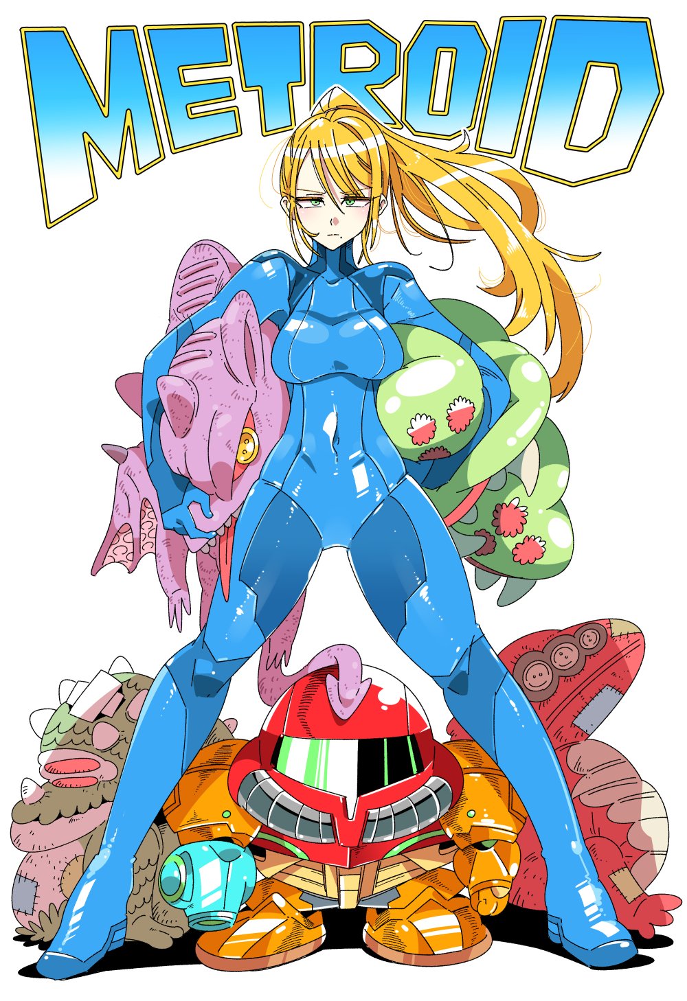 1girl blonde_hair blue_bodysuit blue_eyes blush bodysuit breasts full_body high_ponytail highres impossible_bodysuit impossible_clothes kafun long_hair looking_at_viewer metroid metroid_(creature) mole mole_under_mouth nintendo nintendo_ead ponytail retro_studios ridley samus_aran shiny shiny_clothes simple_background skin_tight solo stuffed_animal stuffed_toy super_smash_bros. toy varia_suit zero_suit