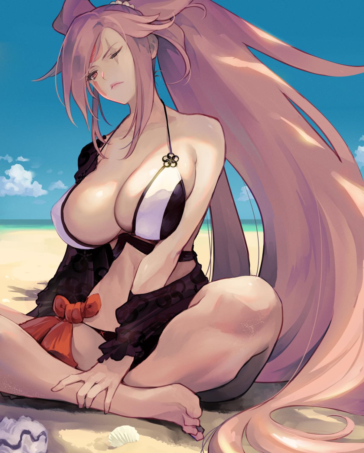 1girl amputee baiken bare_legs barefoot beach big_hair bikini black_bikini_top blue_sky breasts clouds commentary_request crossed_legs facial_scar facial_tattoo guilty_gear guilty_gear_xrd hand_on_leg highres indian_style jako_(toyprn) large_breasts long_hair looking_at_viewer multicolored_bikini_top navel one-eyed one_eye_closed pink_eyes pink_hair ponytail sand scar scar_across_eye scrunchie seashell shell sitting sky solo swimsuit tattoo very_long_hair white_bikini_top