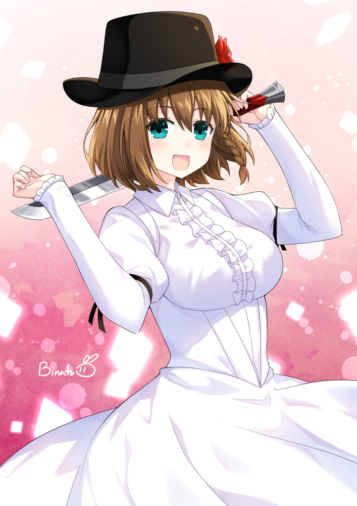 1girl binato_lulu braid breasts brown_hair charlotte_corday_(fate/grand_order) dress fate/grand_order fate_(series) flower green_eyes hat hat_flower juliet_sleeves knife large_breasts long_dress long_sleeves puffy_sleeves signature white_dress