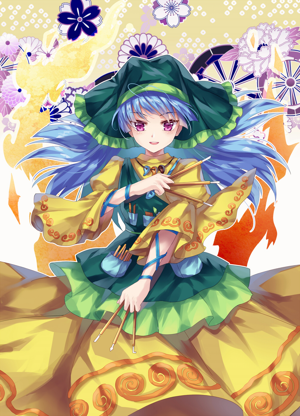 1girl :d blue_hair dress haniyasushin_keiki hichou highres jewelry long_hair looking_at_viewer necklace open_mouth puffy_sleeves smile solo spoilers touhou tsurime upper_teeth violet_eyes wily_beast_and_weakest_creature