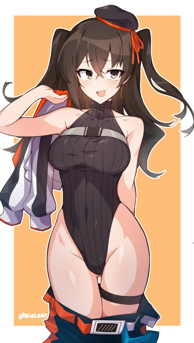 1girl :d ass_visible_through_thighs bangs bare_arms bare_shoulders beret black_hair black_headwear black_leotard blue_pants blush breasts brown_background brown_eyes commentary covered_navel earrings eyebrows_visible_through_hair groin hair_between_eyes hat highleg highleg_leotard holding holding_jacket hoop_earrings idolmaster idolmaster_cinderella_girls jacket jacket_removed jewelry large_breasts leotard long_hair open_mouth pants pants_pull ribbed_leotard sharp_teeth smile solo sunazuka_akira teeth thigh_gap thigh_strap tilt-shift tilted_headwear twitter_username two-tone_background two_side_up white_background white_jacket
