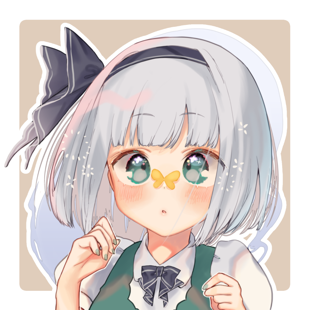 1girl bangs black_bow black_hairband black_neckwear black_ribbon border bow bowtie brown_background bug butterfly butterfly_on_nose commentary_request eyebrows_visible_through_hair green_eyes green_nails green_vest hair_ribbon hairband hands_up hitodama insect konpaku_youmu konpaku_youmu_(ghost) looking_at_viewer mokokiyo_(asaddr) nail_polish outline outside_border parted_lips portrait puffy_short_sleeves puffy_sleeves ribbon short_hair short_sleeves silver_hair simple_background solo touhou vest white_border white_outline
