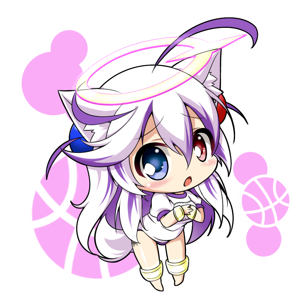 1girl animal_ear_fluff animal_ears bangs blue_eyes blush bombergirl buruma cat_ears chibi commentary_request eyebrows_visible_through_hair hair_between_eyes hair_ornament halo hands_together heterochromia long_hair open_mouth papuru_(bombergirl) peta_(taleslove596) purple_hair red_eyes shirt short_sleeves simple_background solo sportswear very_long_hair white_shirt