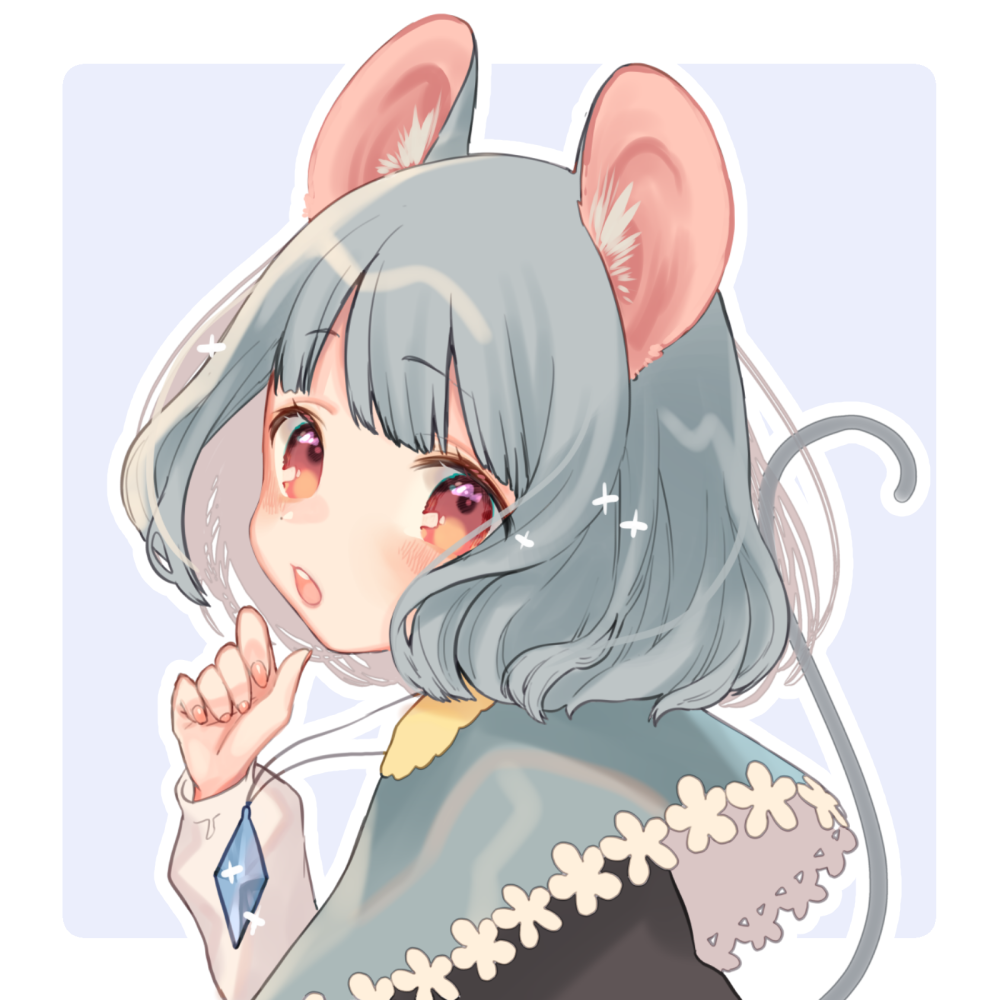 1girl animal_ears bangs black_vest blue_background blush border capelet commentary_request eyebrows_visible_through_hair grey_capelet grey_hair hand_up head_tilt jewelry long_sleeves looking_at_viewer mokokiyo_(asaddr) mouse_ears mouse_tail nazrin open_mouth outline outside_border pendant red_eyes shirt short_hair simple_background solo tail touhou upper_body vest white_border white_outline white_shirt