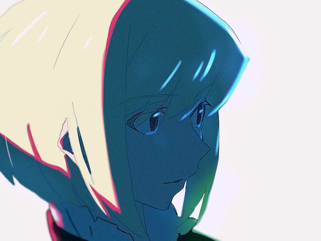 close-up cravat face green_hair lio_fotia male_focus nishitter7 promare shaded_face short_hair simple_background solo violet_eyes