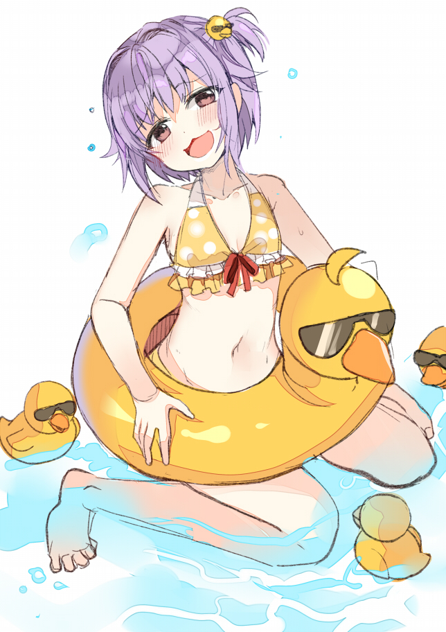 :3 :d ahoge alternate_hairstyle bangs bare_legs bare_shoulders bikini blush chocho_(homelessfox) duck_hair_ornament duck_innertube frilled_bikini frills hair_flaps halter_top halterneck holding holding_innertube idolmaster idolmaster_cinderella_girls innertube koshimizu_sachiko looking_at_viewer navel one_side_up open_mouth partially_submerged polka_dot polka_dot_bikini purple_hair red_ribbon ribbon rubber_duck sidelocks sitting smile smug sunglasses swimsuit wariza yellow_bikini yellow_innertube