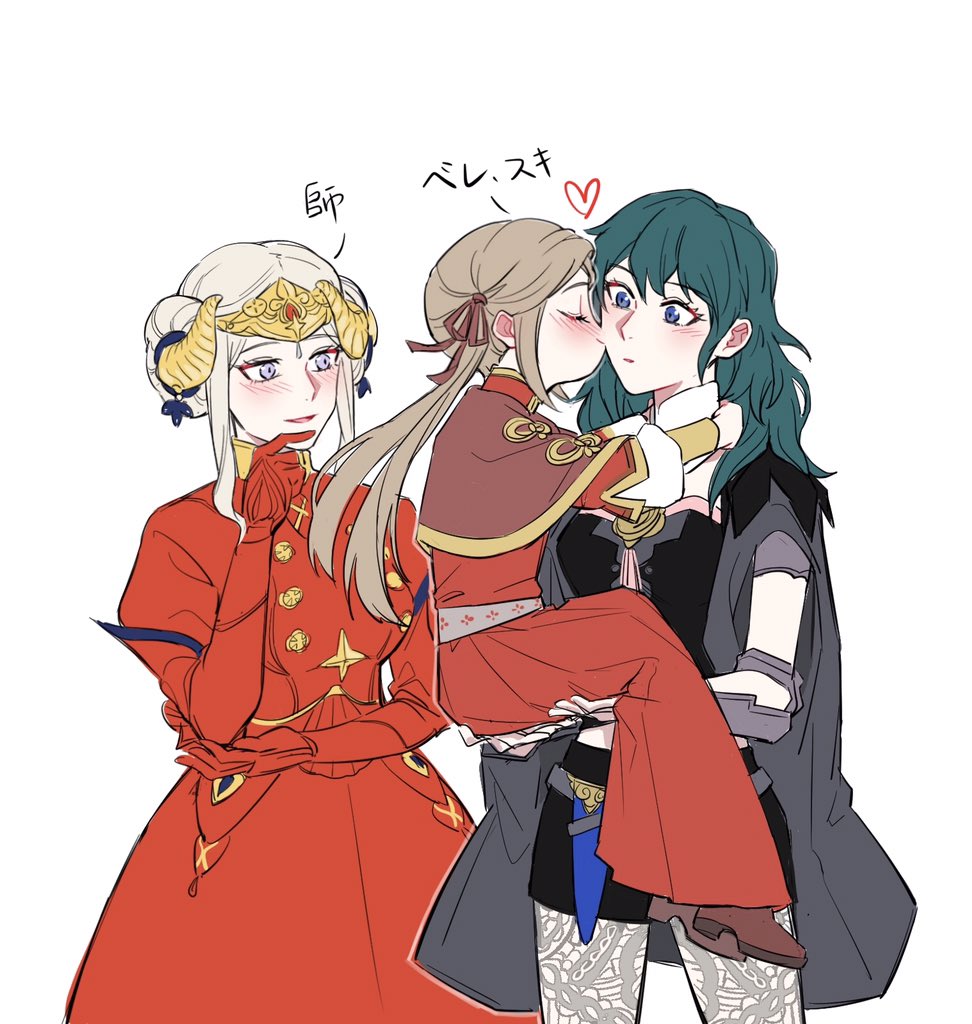 3girls blush brown_hair byleth_(fire_emblem) byleth_eisner_(female) cheek_kiss chuuum_m closed_eyes dress dual_persona edelgard_von_hresvelg edelgard_von_hresvelgr_(fire_emblem) female_my_unit_(fire_emblem:_three_houses) fire_emblem fire_emblem:_three_houses fire_emblem:_three_houses gloves green_hair intelligent_systems kiss koei_tecmo looking_at_another multiple_girls my_unit_(fire_emblem:_three_houses) nintendo red_dress red_gloves short_shorts shorts silver_hair simple_background smile standing super_smash_bros. tiara time_paradox younger yuri