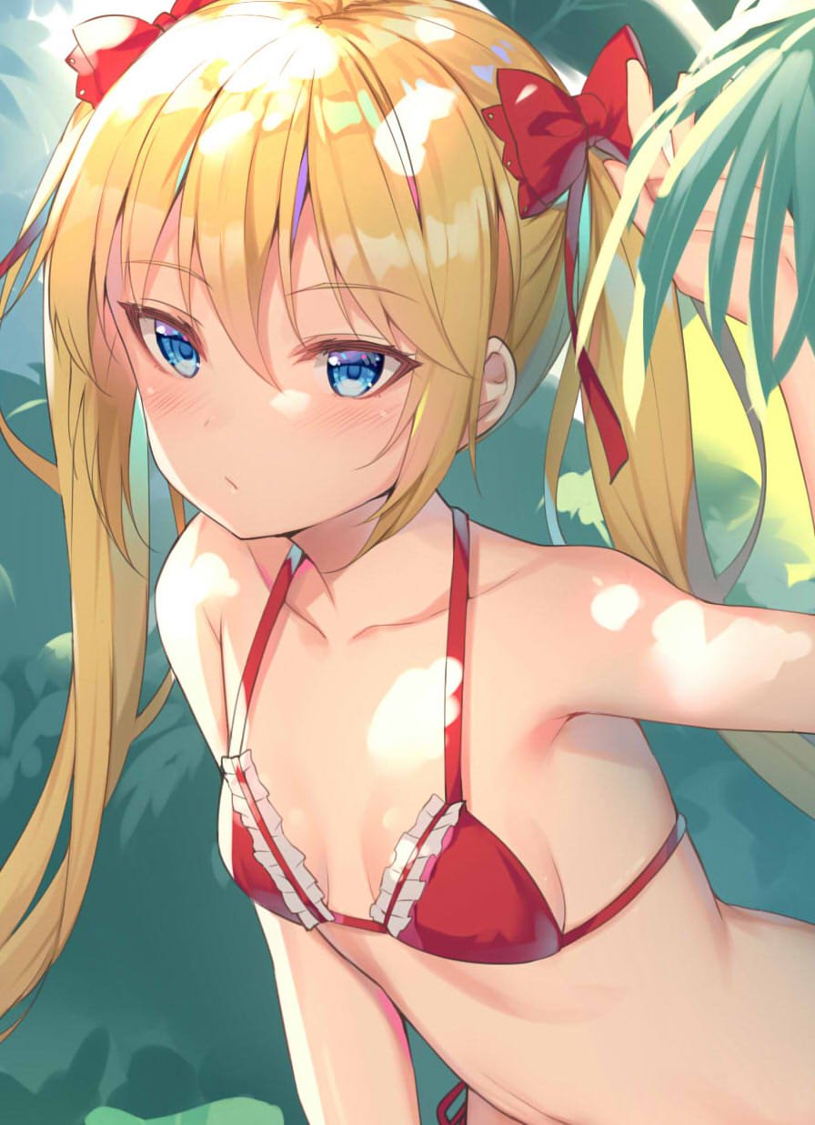 1girl alexmaster armpits bare_arms bare_shoulders bikini blonde_hair blue_eyes blush bow breasts close-up closed_mouth collarbone hair_bow halter_top halterneck hand_up highres leaf long_hair looking_at_viewer original red_bikini red_bow side-tie_bikini sidelocks small_breasts solo swimsuit twintails