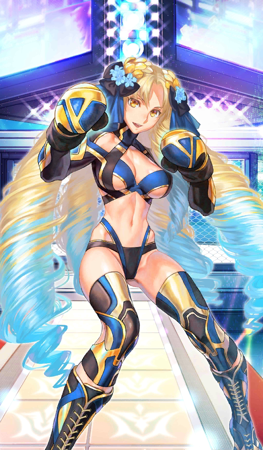 1girl abs astraea_(fate/grand_order) azuma_tou bikini black_ribbon blonde_hair blue_hair blue_ribbon boots boxing boxing_gloves breasts breasts_apart craft_essence drill_hair fate/grand_order fate_(series) fighting_stance gradient_hair hair_between_eyes hair_ribbon heroic_spirit_festival_outfit large_breasts long_hair looking_at_viewer luviagelita_edelfelt multicolored_hair navel official_art quad_drills ribbon solo swimsuit thigh-highs thigh_boots very_long_hair yellow_eyes