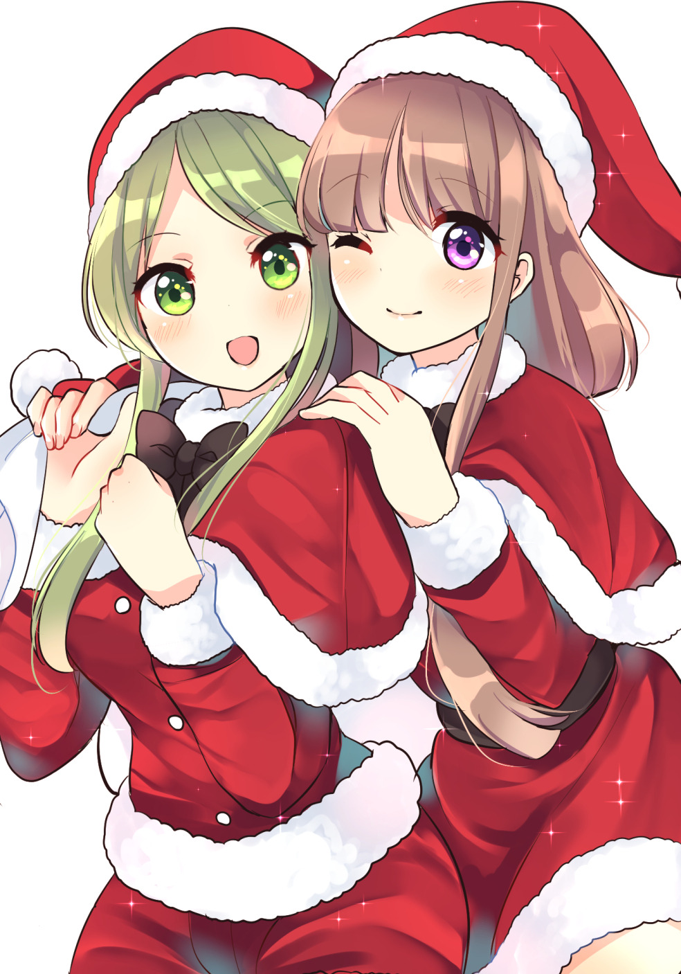 2girls :d blush brown_hair buttons capelet commentary disconnected_mouth eyebrows_visible_through_hair fur-trimmed_capelet fur-trimmed_hat fur-trimmed_skirt fur-trimmed_sleeves fur_trim green_eyes green_hair hat highres long_sleeves looking_at_viewer medium_hair multiple_girls nishida_satono one_eye_closed open_mouth ougi_hina pink_nails red_capelet red_headwear red_shorts red_skirt santa_costume santa_hat short_hair_with_long_locks shorts skirt smile teireida_mai touhou violet_eyes