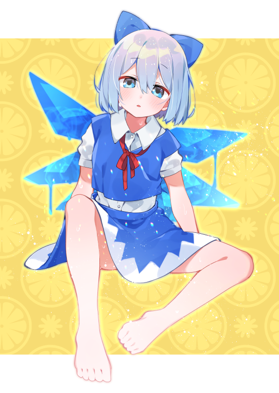 1girl akagashi_hagane bangs barefoot blue_bow blue_eyes blue_hair blue_skirt blue_vest blush bow cirno commentary_request eyebrows_visible_through_hair full_body hair_between_eyes hair_bow ice ice_wings looking_at_viewer miniskirt neck_ribbon parted_lips puffy_short_sleeves puffy_sleeves red_neckwear red_ribbon ribbon shirt short_hair short_sleeves sitting skirt solo touhou two-tone_background vest white_background white_shirt wings yellow_background