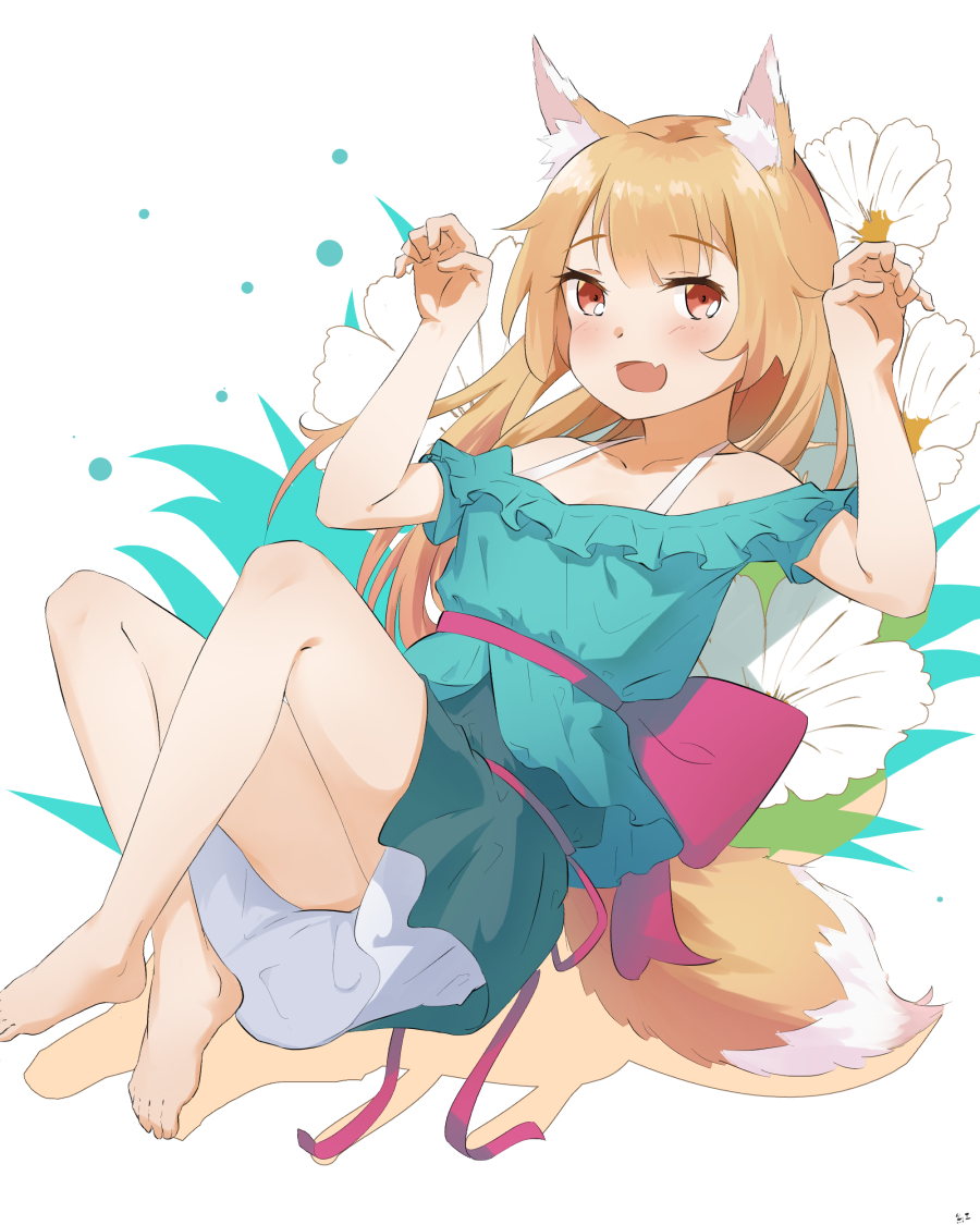 1girl animal_ears ass bangs bare_shoulders barefoot blush bow brown_eyes brown_hair commentary_request fang flower fox_ears fox_tail full_body green_shirt keroroxzz long_hair looking_at_viewer original red_bow red_ribbon ribbon shirt short_sleeves skin_fang solo tail white_flower