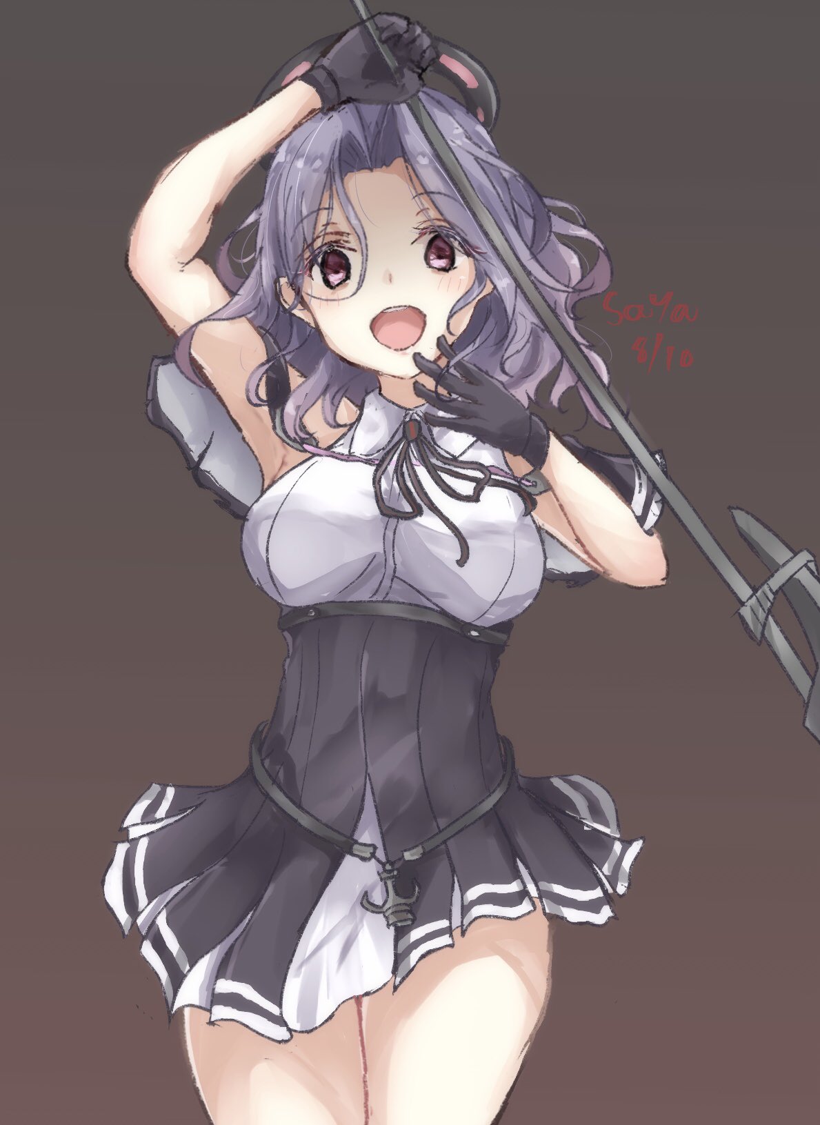 1girl black_background cowboy_shot dated eyebrows_visible_through_hair glaive highres holding holding_weapon kantai_collection looking_at_viewer mechanical_halo neck_ribbon purple_hair remodel_(kantai_collection) ribbon sa-ya2 school_uniform short_hair simple_background solo tatsuta_(kantai_collection) twitter_username violet_eyes weapon
