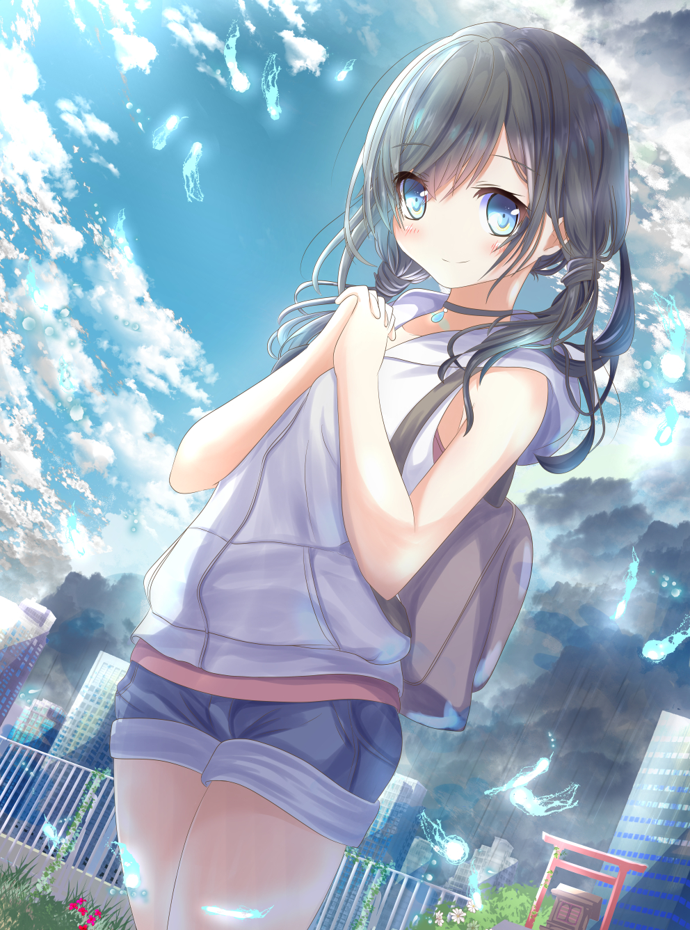 1girl amano_hina_(tenki_no_ko) aruka_(alka_p1) backpack bag bangs bare_arms bare_shoulders black_choker black_hair blue_eyes blue_shorts blue_sky blush building choker city closed_mouth clouds cloudy_sky commentary_request day dutch_angle eyebrows_visible_through_hair fence flower hair_between_eyes highres hood hood_down hooded_jacket jacket long_hair low_twintails outdoors short_shorts shorts sky sleeveless sleeveless_jacket smile solo tenki_no_ko torii twintails white_flower white_jacket