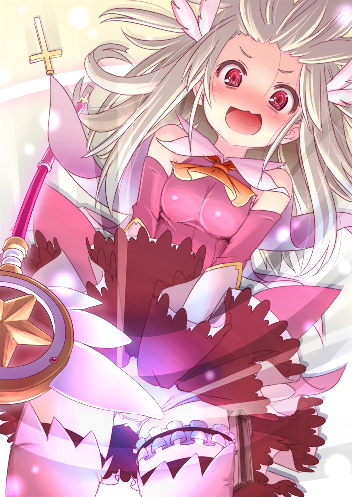 1girl blonde_hair boots breasts fate/kaleid_liner_prisma_illya fate_(series) feathers frilled_skirt frills fujisaki_yuu gloves hair_feathers illyasviel_von_einzbern long_hair magical_girl magical_ruby panties pink_footwear prisma_illya red_eyes skirt small_breasts underwear white_gloves white_panties yellow_neckwear