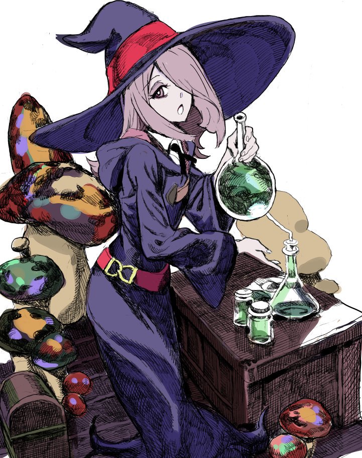 1girl beaker belt black_neckwear bottle collar desk erlenmeyer_flask flask hair_over_one_eye hat holding holding_bottle hood hood_down little_witch_academia long_hair luna_nova_school_uniform mushroom nobita open_mouth pale_skin pink_hair potion red_belt red_eyes school_uniform simple_background solo sucy_manbavaran treasure_chest white_background white_collar wide_sleeves witch witch_hat