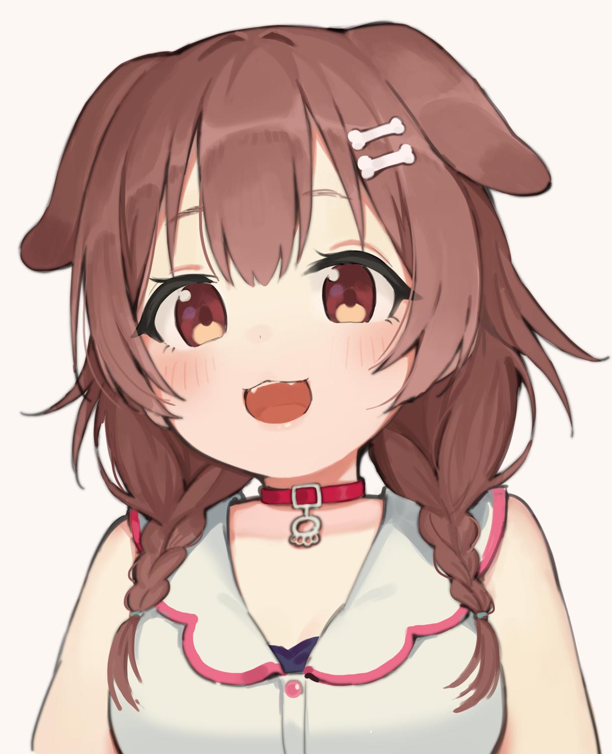 1girl animal_ears bangs bare_shoulders blush bone bone_hair_ornament braid brown_eyes brown_hair buttons collar dog_collar dog_ears dog_girl extra_ears fangs hair_ornament hairclip highres hololive inugami_korone medium_hair open_mouth paw_print_pattern seramikku sleeveless smile solo tagme tongue twin_braids virtual_youtuber white_background