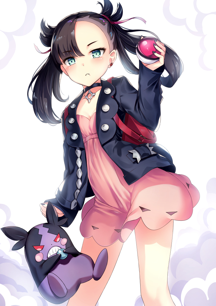 1girl aqua_eyes bag black_hair black_jacket black_nails breasts choker closed_mouth collarbone dress earrings hand_up holding holding_poke_ball jacket jewelry long_hair long_sleeves looking_at_viewer mary_(pokemon) morpeko nail_polish open_clothes open_jacket pink_dress poke_ball poke_ball_(generic) pokemon pokemon_(creature) pokemon_(game) pokemon_swsh pout shoulder_bag small_breasts stud_earrings thighs twintails yan_(nicknikg)