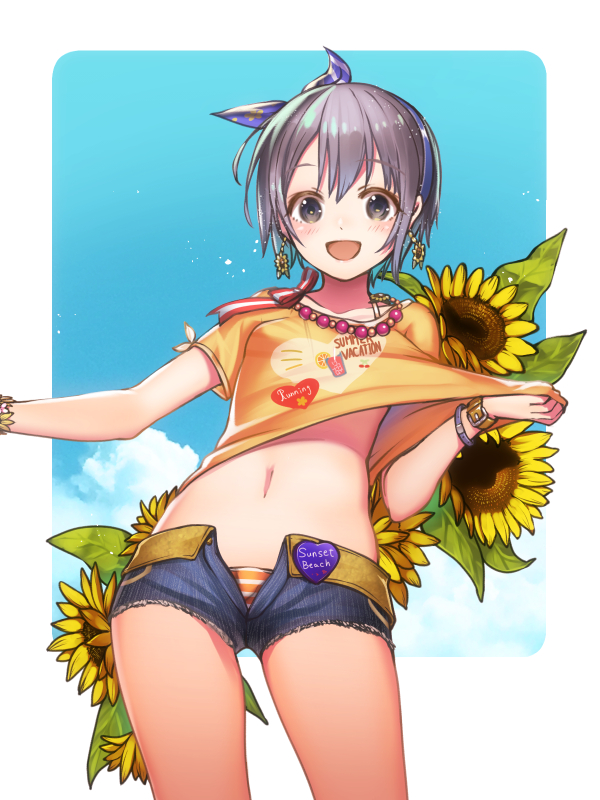 1girl :d bead_necklace beads bikini bikini_under_clothes blue_hairband blue_ribbon blue_sky blush buckle clothes_writing clouds collarbone commentary_request cowboy_shot day denim denim_shorts earrings english_text flower flower_earrings from_below hair_ribbon hairband heart heart_print idolmaster idolmaster_cinderella_girls jewelry katase_yuu leaf looking_at_viewer looking_down navel necklace open_clothes open_fly open_mouth open_shorts orange_bikini otokura_yuuki outdoors print_shirt purple_hair ribbon shirt short_hair short_shorts short_sleeves shorts sky smile solo stomach striped striped_bikini sunflower swimsuit tareme thighs violet_eyes wristband yellow_flower