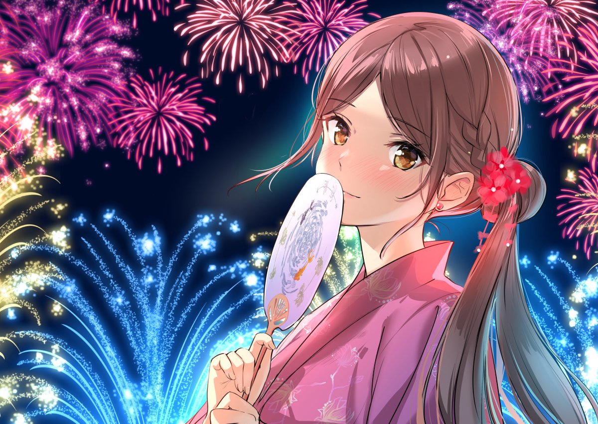 1girl blush breasts brown earrings eyebrows_visible_through_hair fan fan_la_norne fireworks flower hair hair_flower hair_ornament japanese_clothes jewelry kimono long_hair looking_at_viewer misu_kasumi night small_breasts smile solo xenoblade_(series) xenoblade_2 yellow_eyes yukata