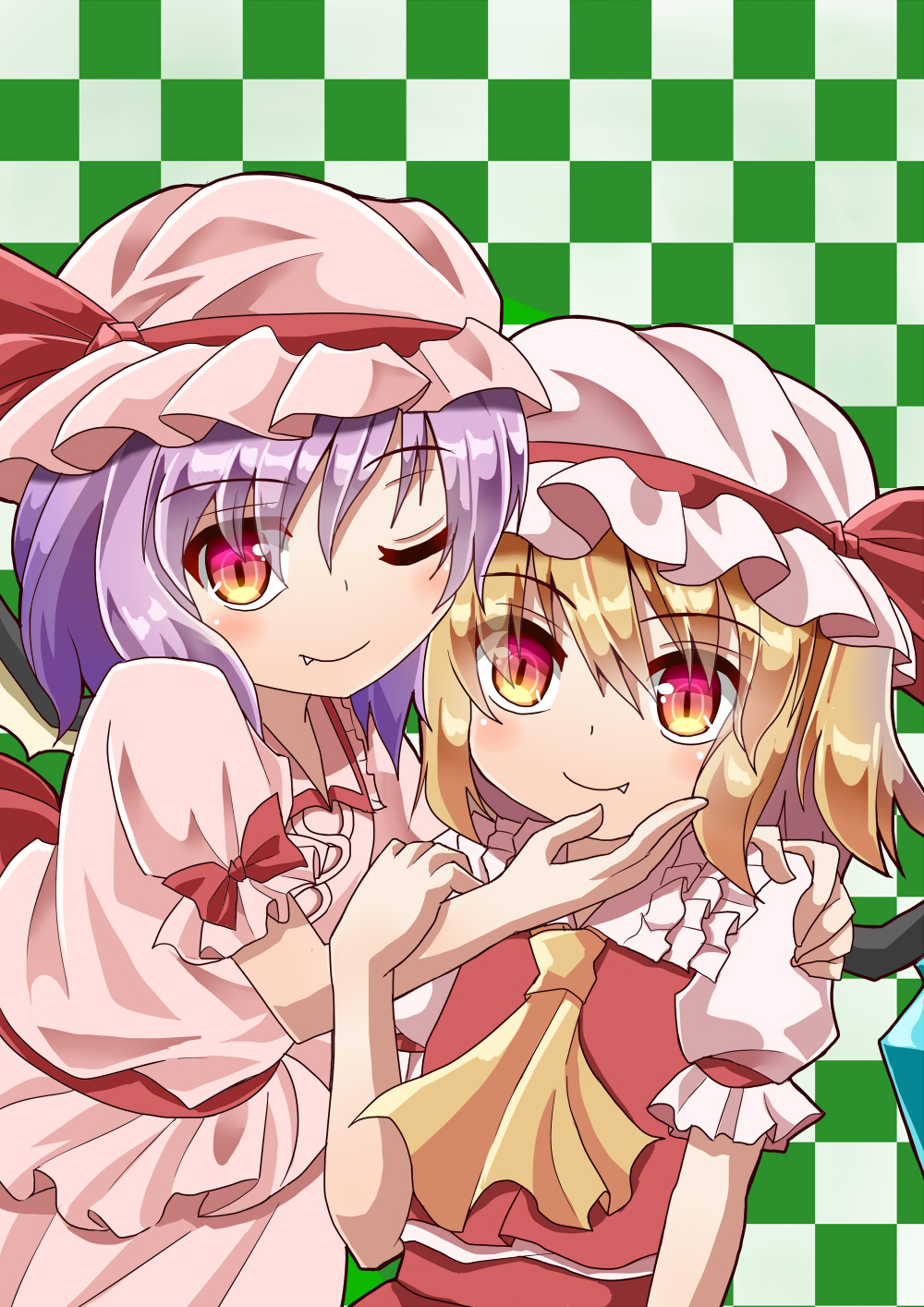 2girls arm_around_back arms_up blonde_hair blouse checkered checkered_background commentary_request cravat eyebrows_visible_through_hair eyes_visible_through_hair fang fang_out flandre_scarlet frilled_shirt_collar frills green_background hair_between_eyes hand_on_another's_arm hand_on_another's_face hand_on_another's_shoulder hat hat_ribbon highres looking_at_viewer mob_cap multiple_girls one_eye_closed pink_blouse pink_headwear pink_skirt puffy_short_sleeves puffy_sleeves purple_hair red_eyes red_skirt red_vest remilia_scarlet ribbon sash shirt short_hair short_sleeves siblings side_ponytail sisters skirt slit_pupils smile sugiyama_ichirou touhou upper_body vest white_headwear white_shirt wings yellow_neckwear