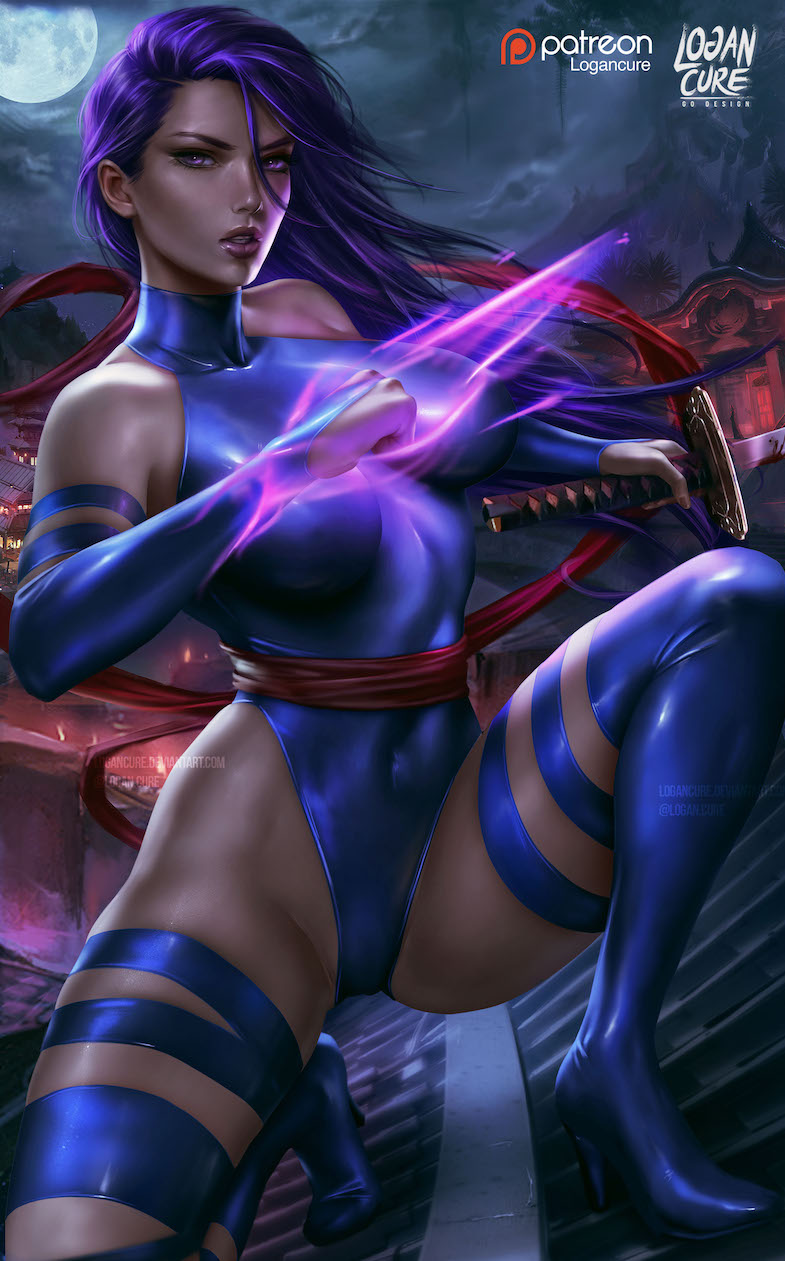 1girl elizabeth_braddock highres katana logan_cure marvel navel paid_reward patreon_reward psylocke purple_hair sword weapon x-men