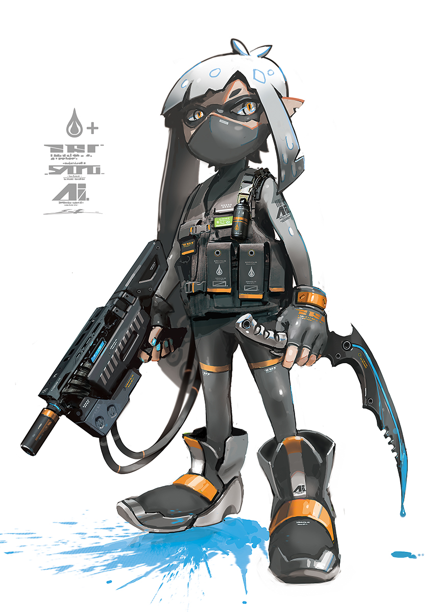 1girl ankle_boots asymmetrical_hair blue_nails body_armor bodysuit boots combat_knife commentary_request dark_skin domino_mask english_commentary esuthio explosive face_mask fingerless_gloves gloves grenade grey_bodysuit grey_eyes grey_footwear grey_gloves grey_hair gun highres holding holding_gun holding_knife holding_weapon inkling inkling_(language) knife long_hair mask military_operator paint_splatter pouch simple_background solo splatoon_(series) submachine_gun tactical_clothes weapon white_background