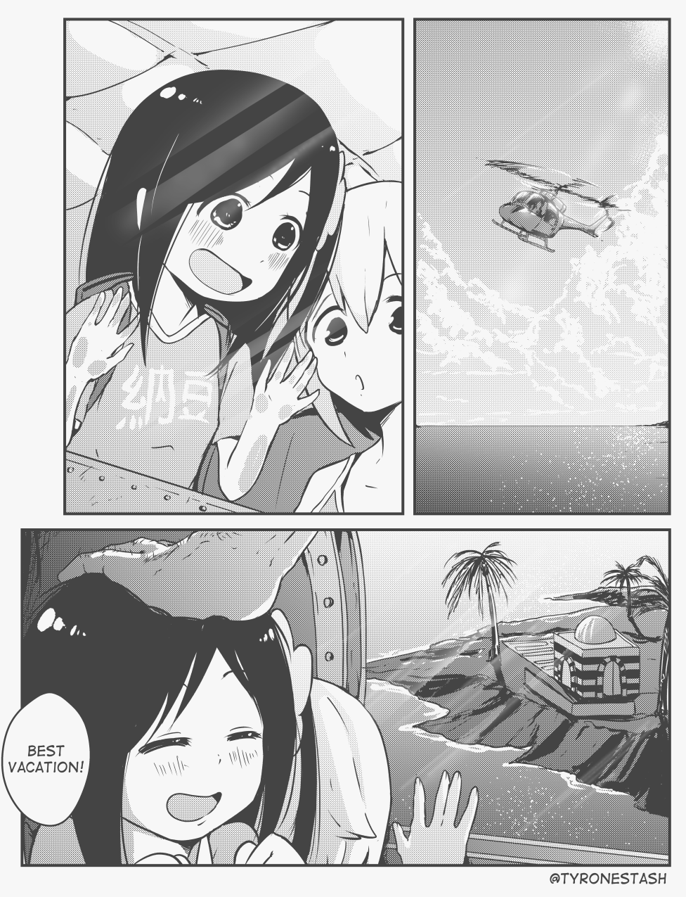 1boy 2girls against_window aircraft backpack bag bare_shoulders believeinthetyrone building closed_eyes clouds cloudy_sky english_commentary english_text flower flying hair_flower hair_ornament helicopter highres hitori_bocchi hitoribocchi_no_marumaru_seikatsu island long_hair monochrome multiple_girls ocean open_mouth palm_tree petting real_world_location shirt short_hair sky smile speech_bubble sunao_nako t-shirt tree